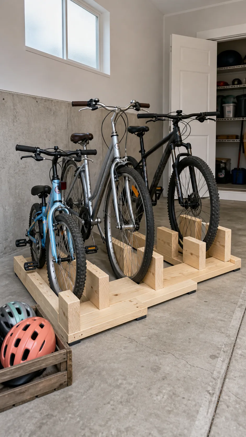 Freestanding wood bike corral built for a rental garage