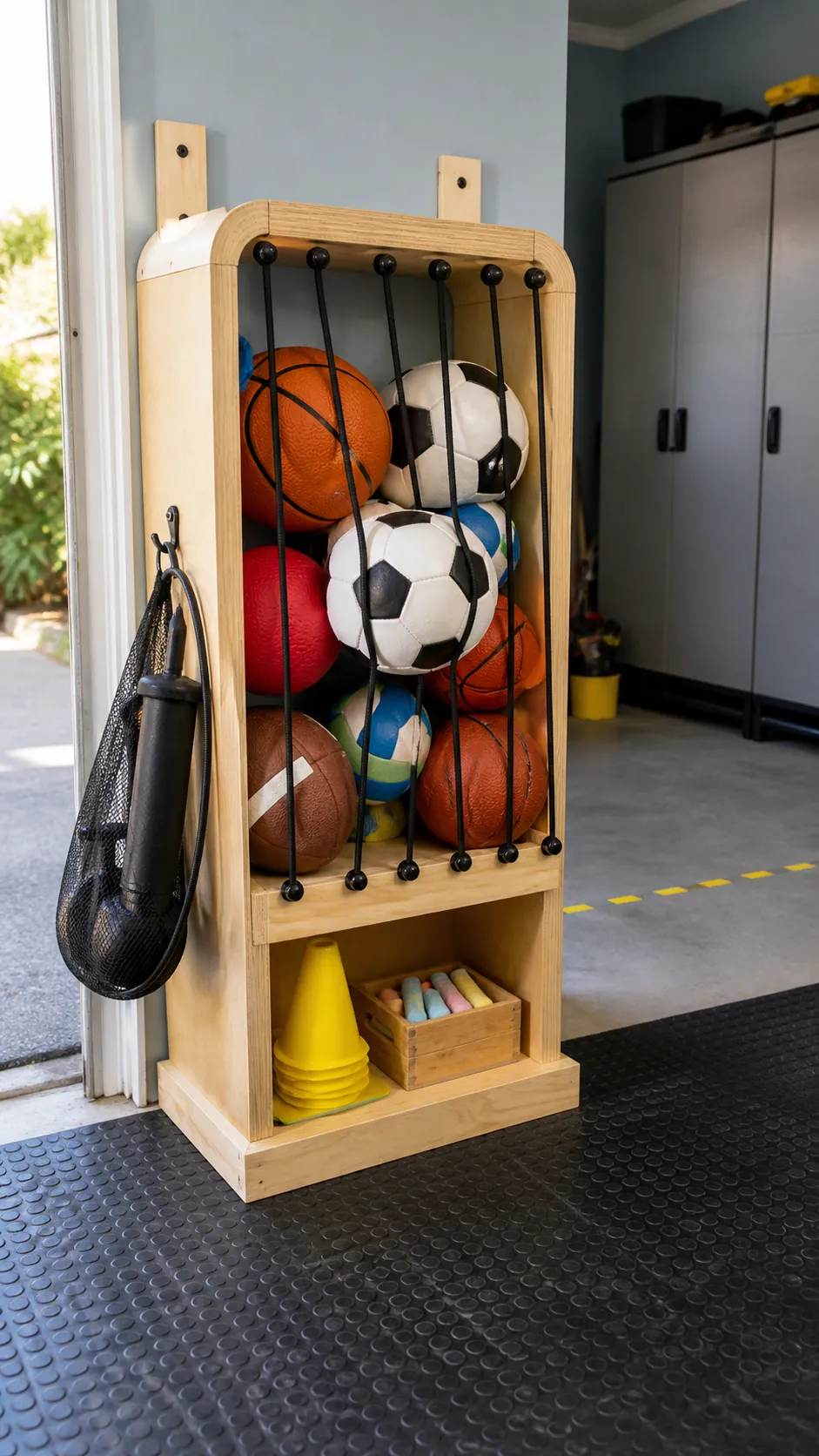 DIY bungee cord bay containing sports balls in a family garage