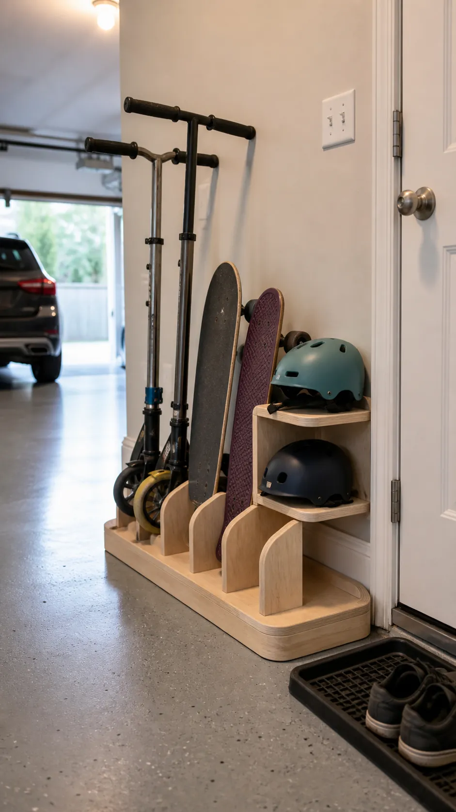DIY plywood floor dock organizing scooters and skateboards