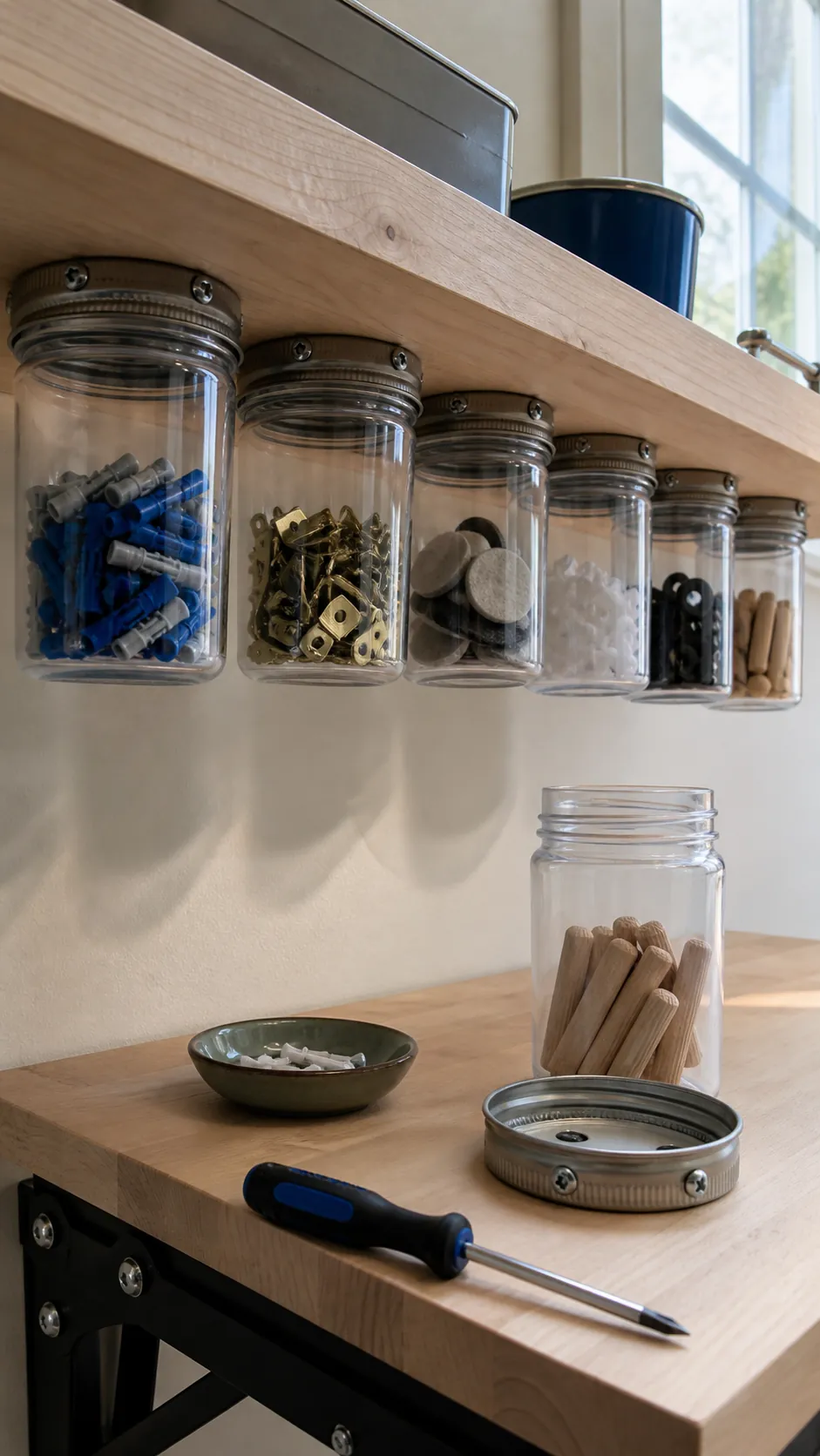 Clear hardware jars mounted safely beneath a garage shelf