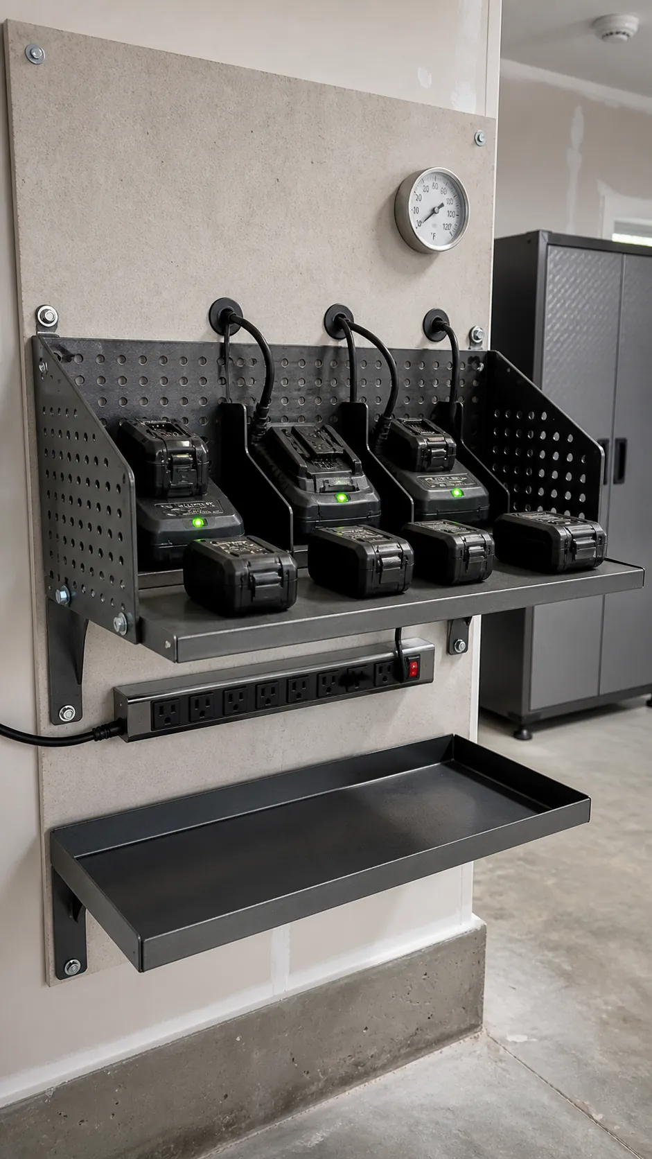 Ventilated garage shelf organizing power tool batteries and chargers