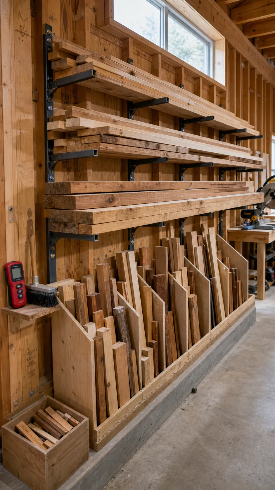 Garage lumber rack separating long boards from usable offcuts