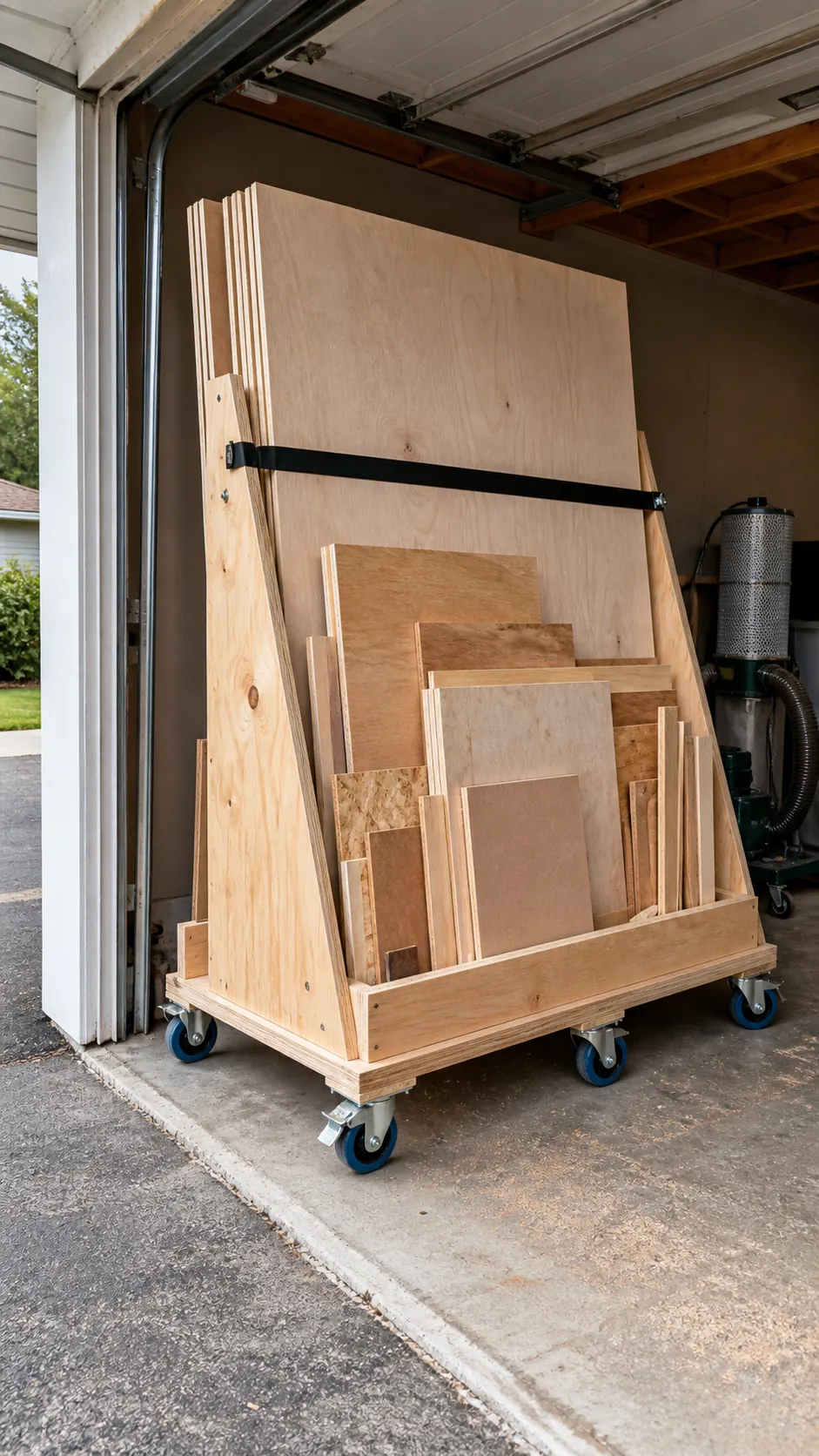 Rolling garage rack safely storing plywood sheets and lumber offcuts
