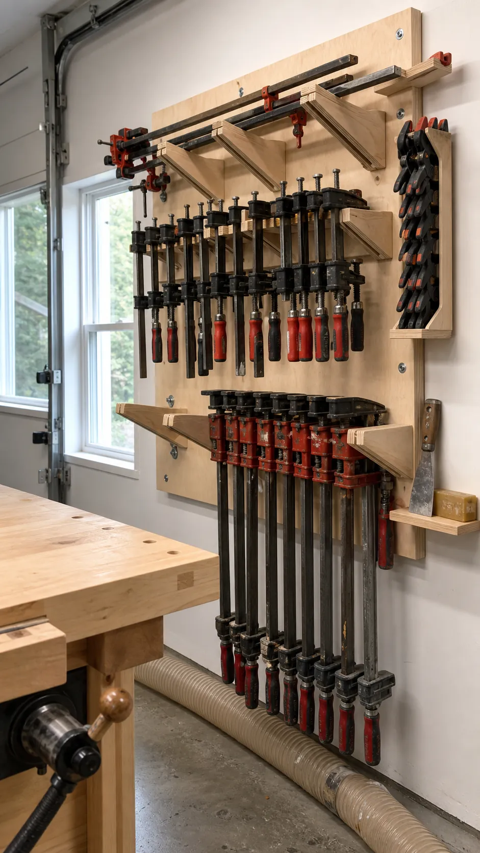 DIY plywood cantilever rack organizing woodworking clamps