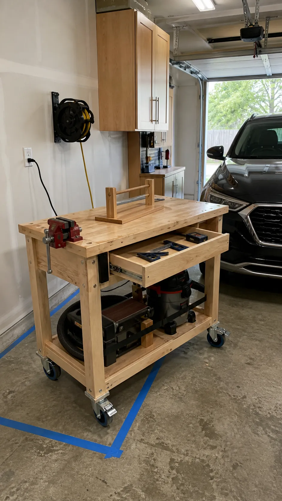 Compact mobile workbench rolled beside a garage storage wall