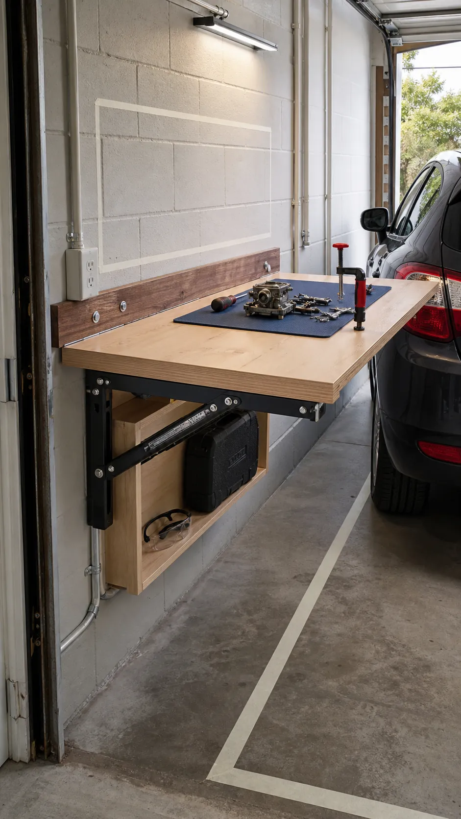 Wall-mounted fold-down workbench saving space in a small garage