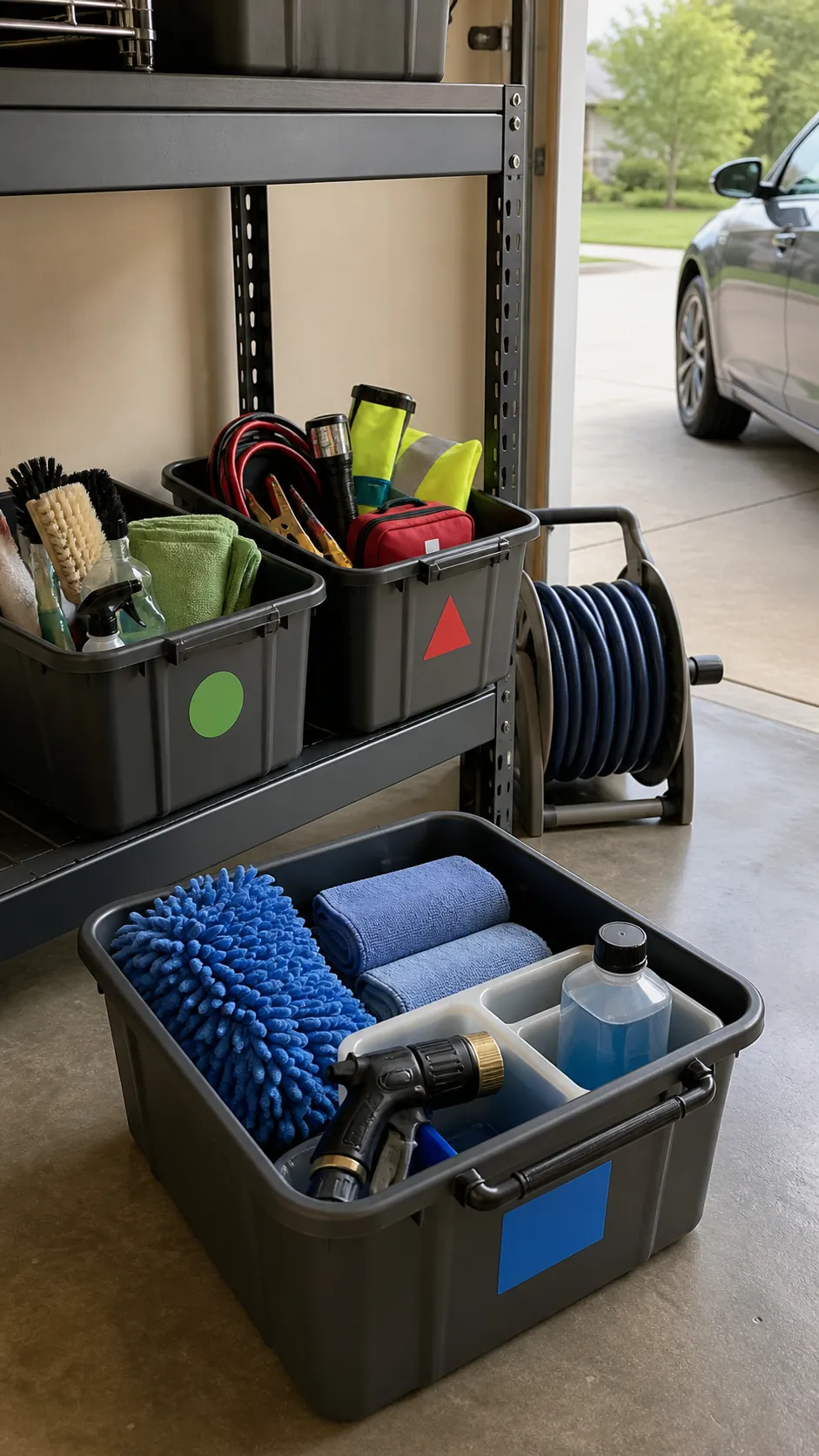 Handled bins grouping car washing detailing and emergency supplies