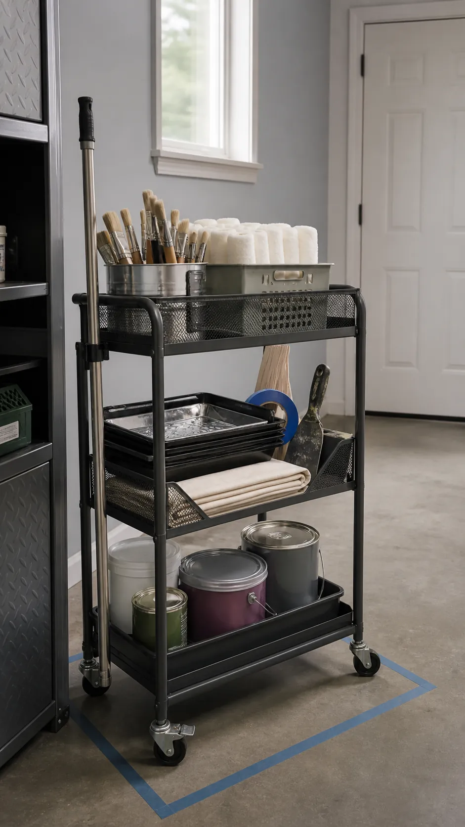 Narrow rolling cart organizing paint brushes rollers and trays