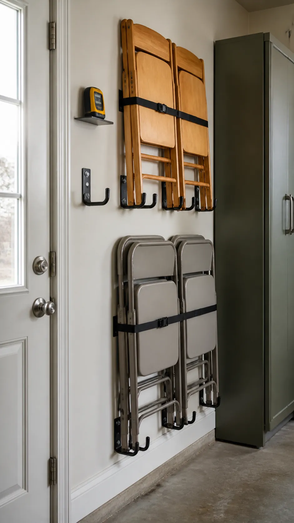 Pairs of folding chairs secured on heavy garage wall hooks