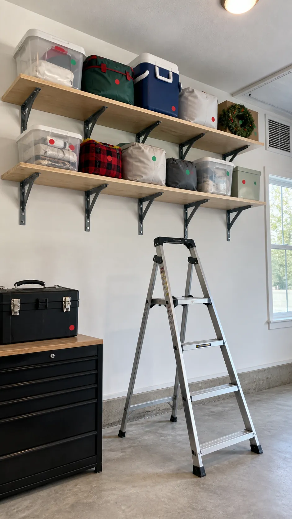 Anchored high shelves storing lightweight seasonal garage bins