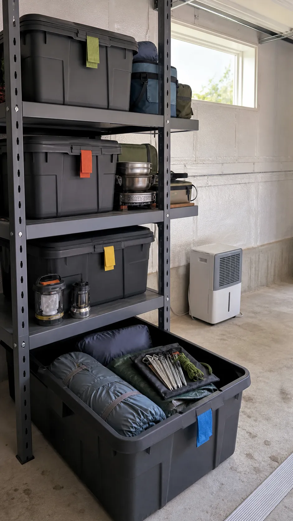 Garage totes separating camping shelter sleeping and cooking gear
