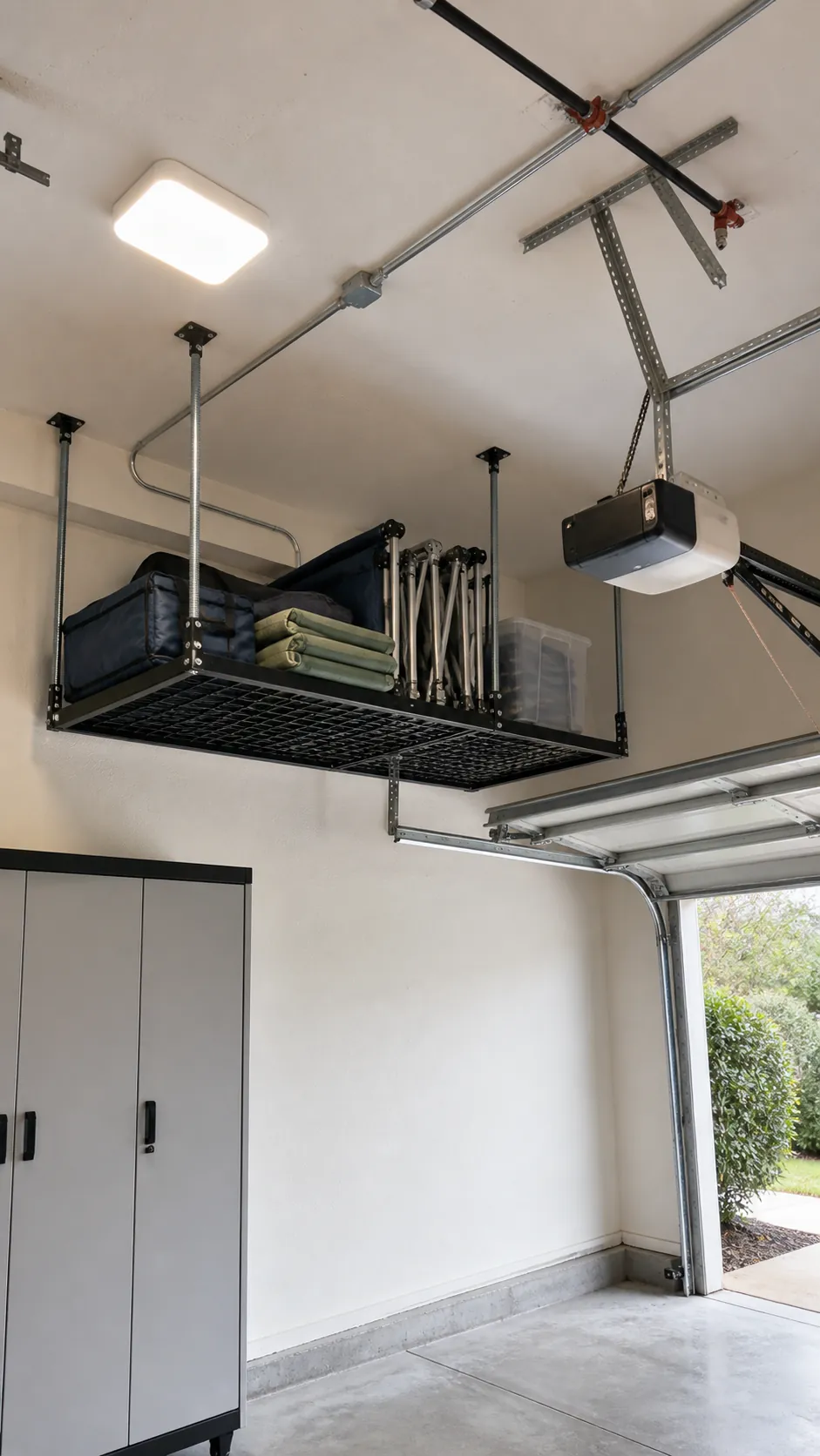 Ceiling garage rack installed clear of door tracks and utilities