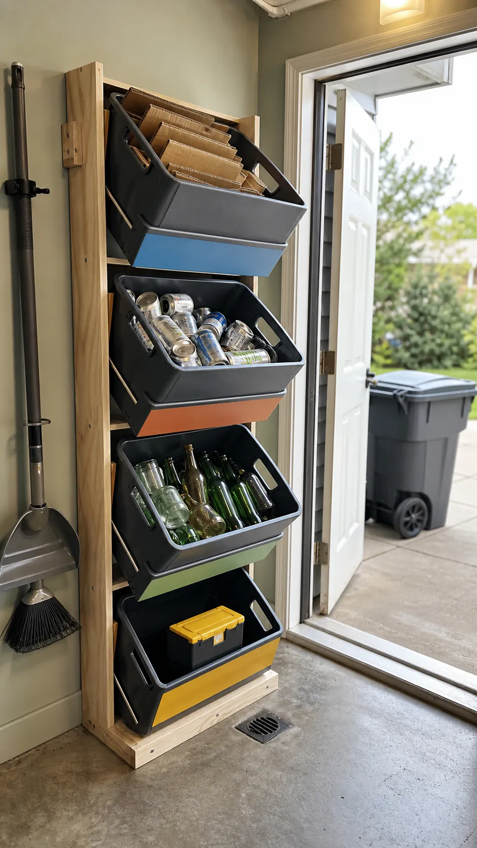 DIY vertical garage sorter with removable recycling bins