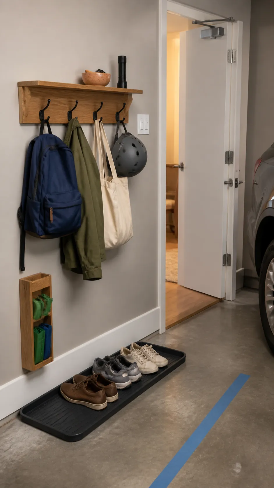 Compact garage entry drop zone with bag hooks shelf and shoe tray