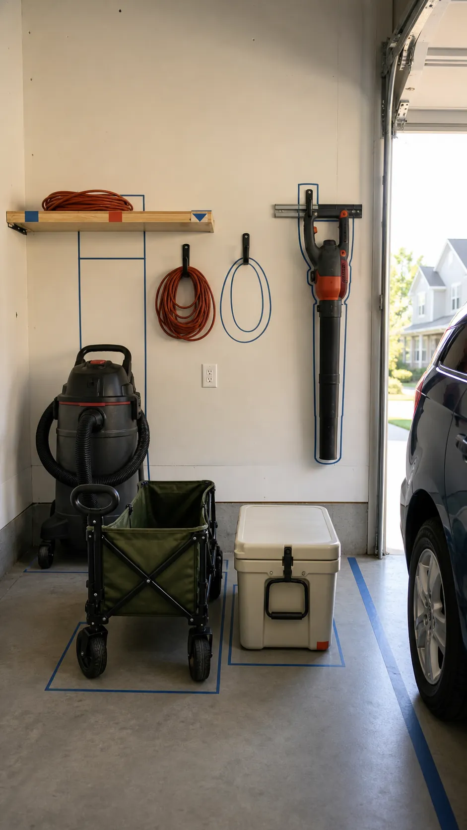 Clearly marked garage storage zones with outlined tool positions