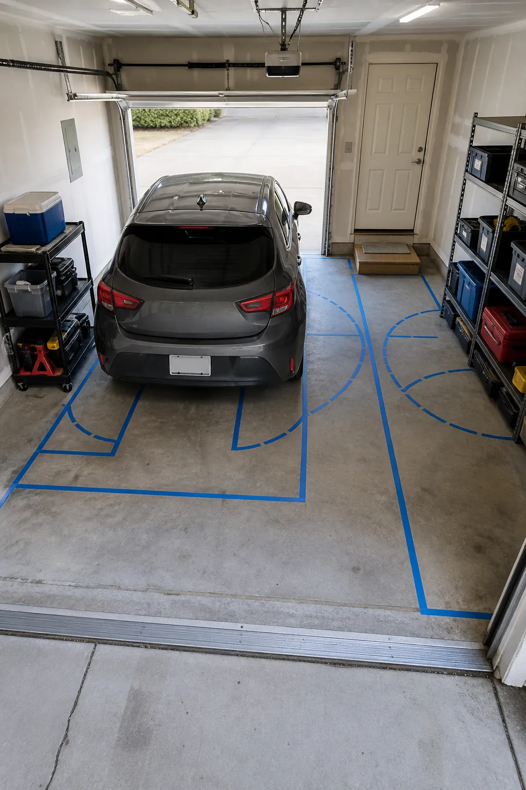 Small garage floor marked to preserve car and door clearance
