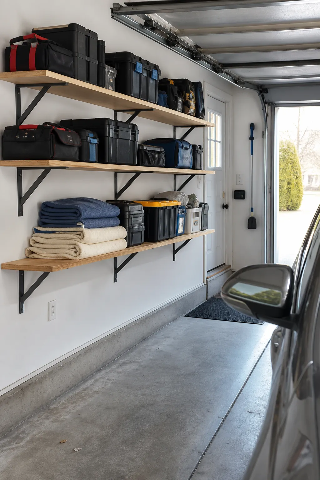Shallow wall shelves keeping garage supplies visible and accessible