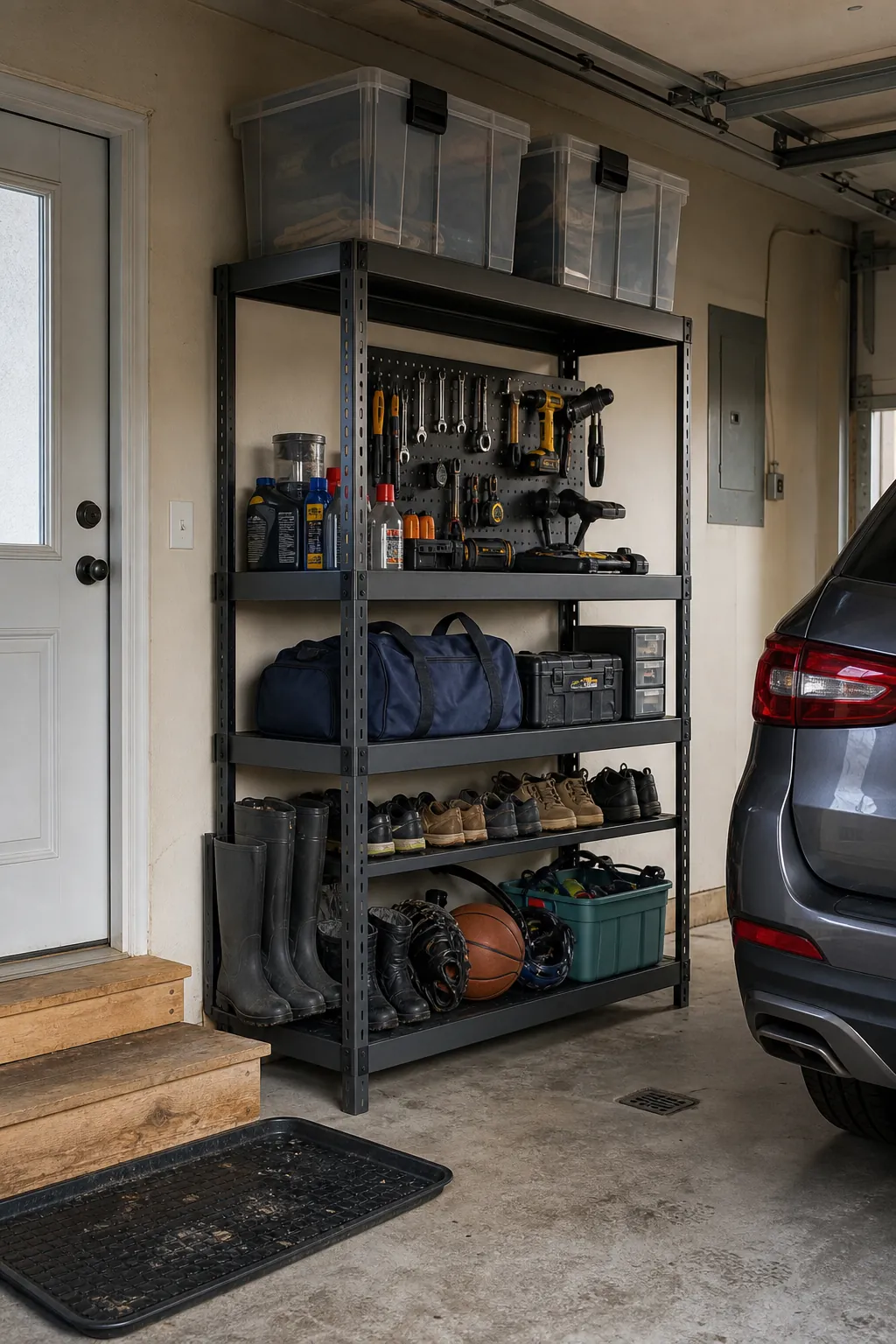 Small garage divided into everyday and seasonal storage zones