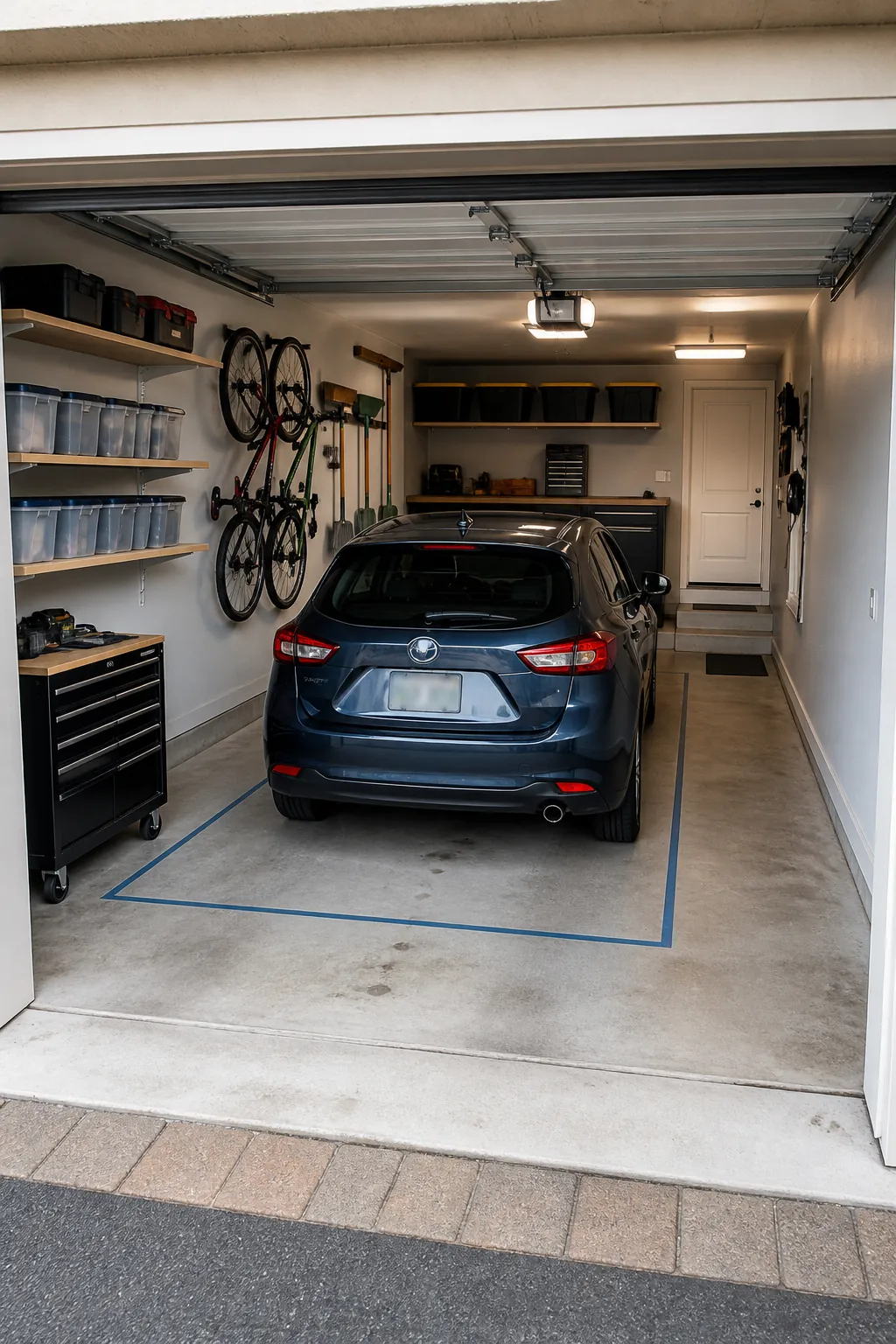 Organized small garage with car clearance and visible storage zones