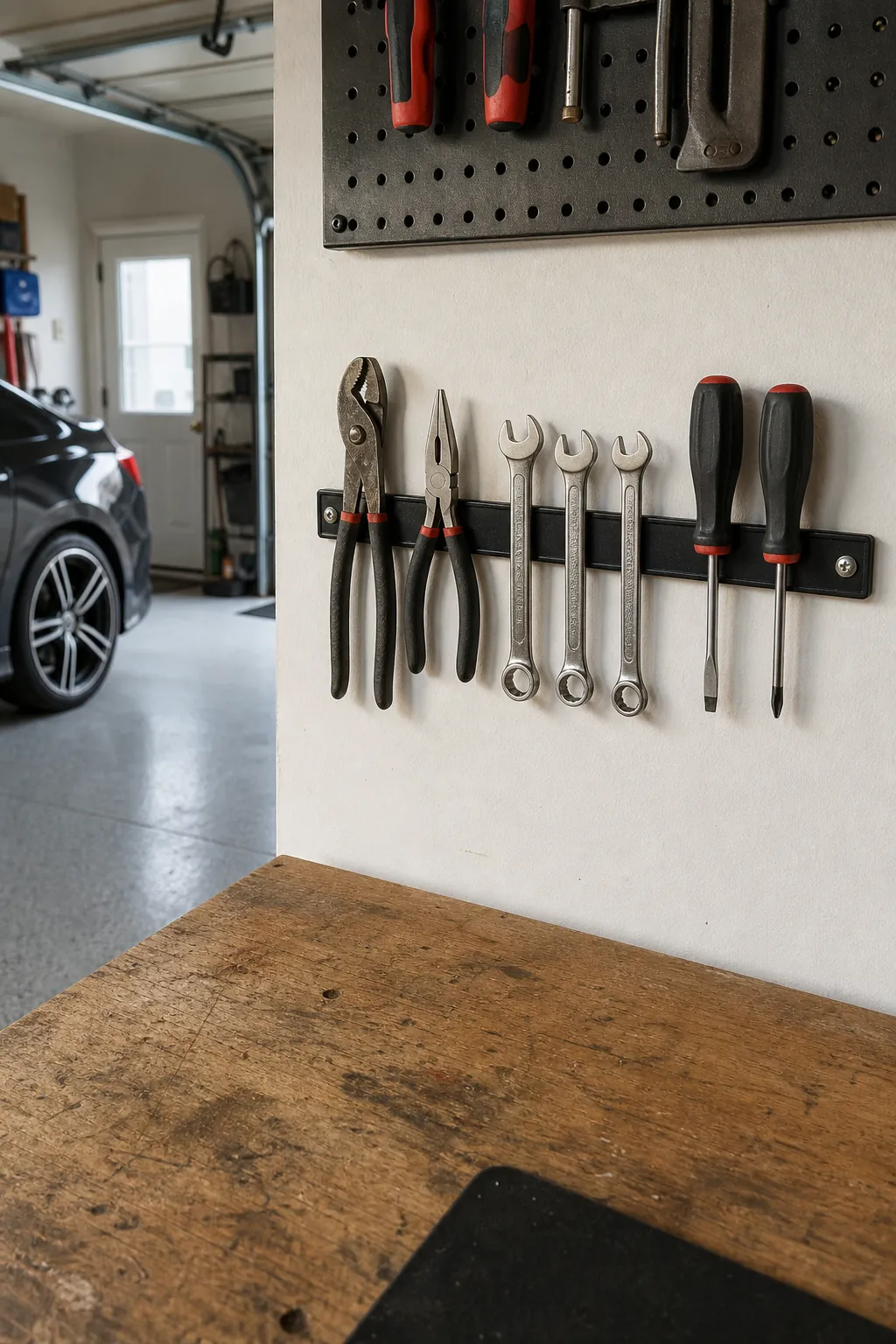 Magnetic bar holding metal hand tools above a garage bench