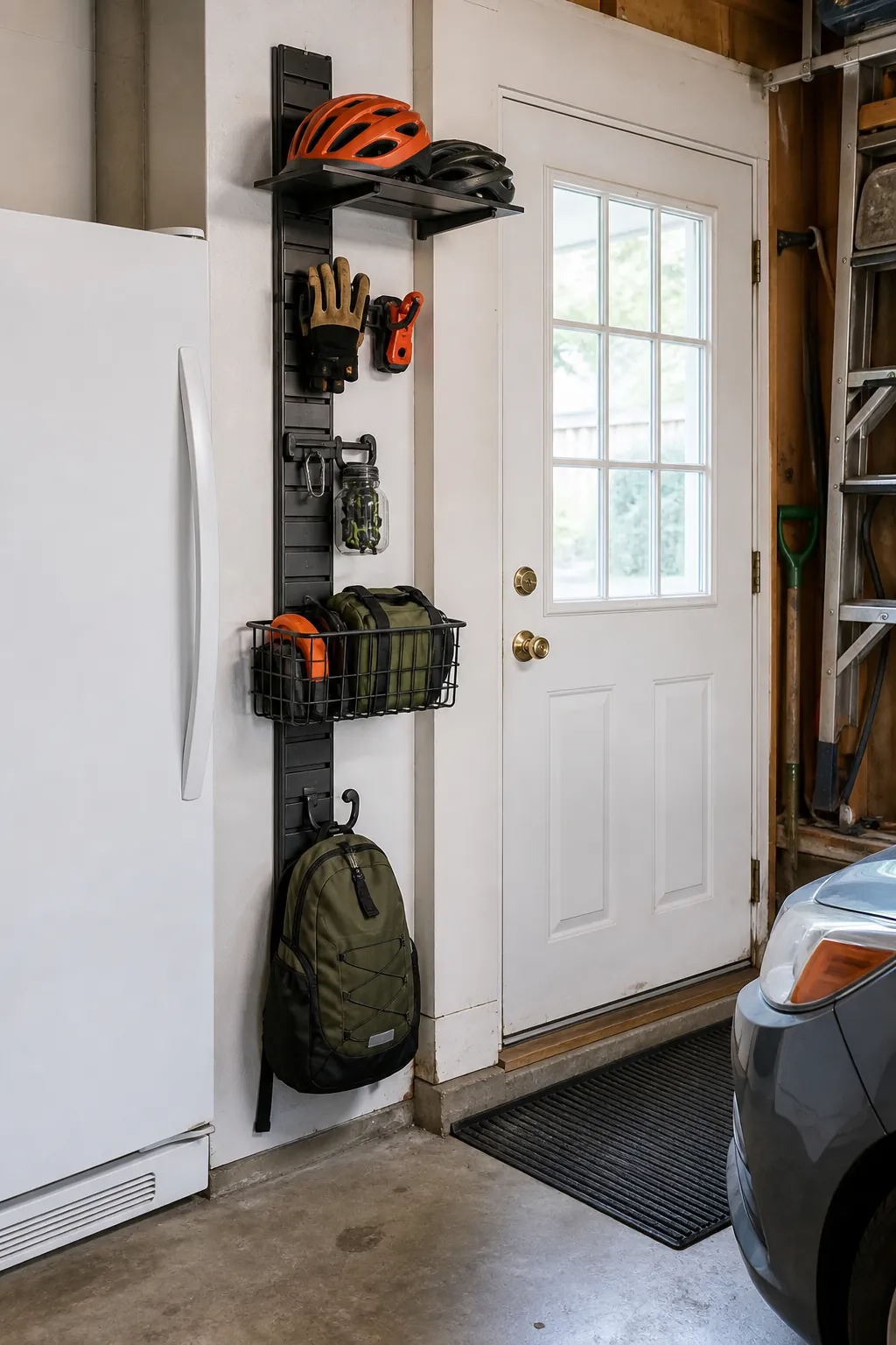 Adjustable slatwall strip organizing flexible garage hooks and baskets