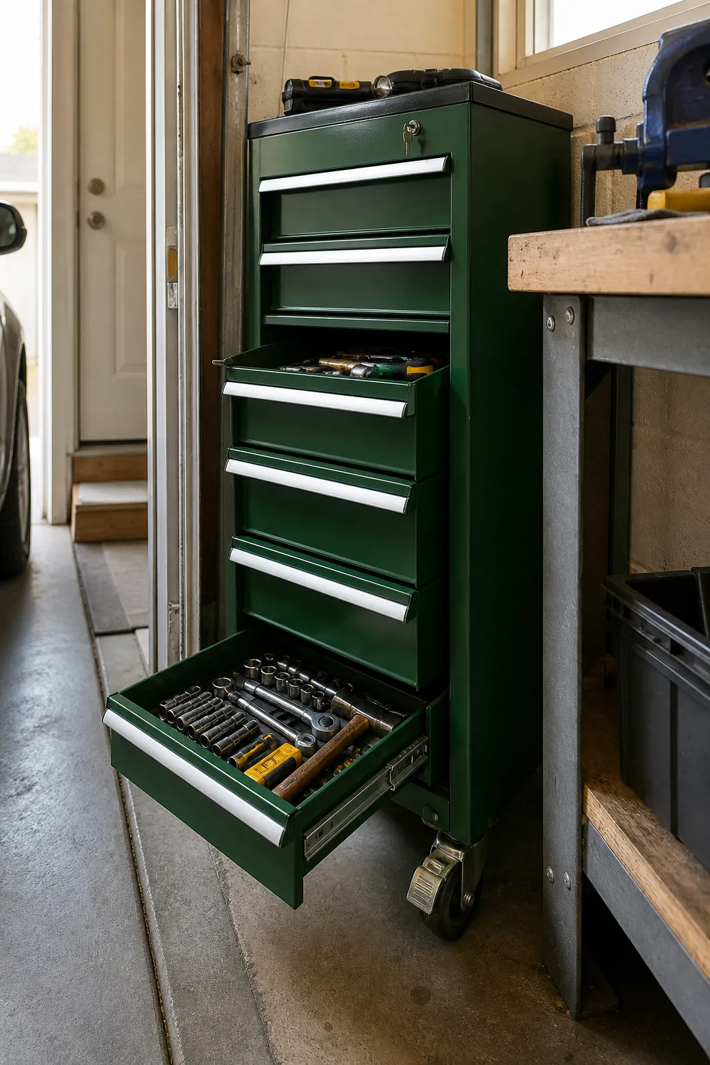 Narrow rolling tool chest fitting beside a small garage work zone