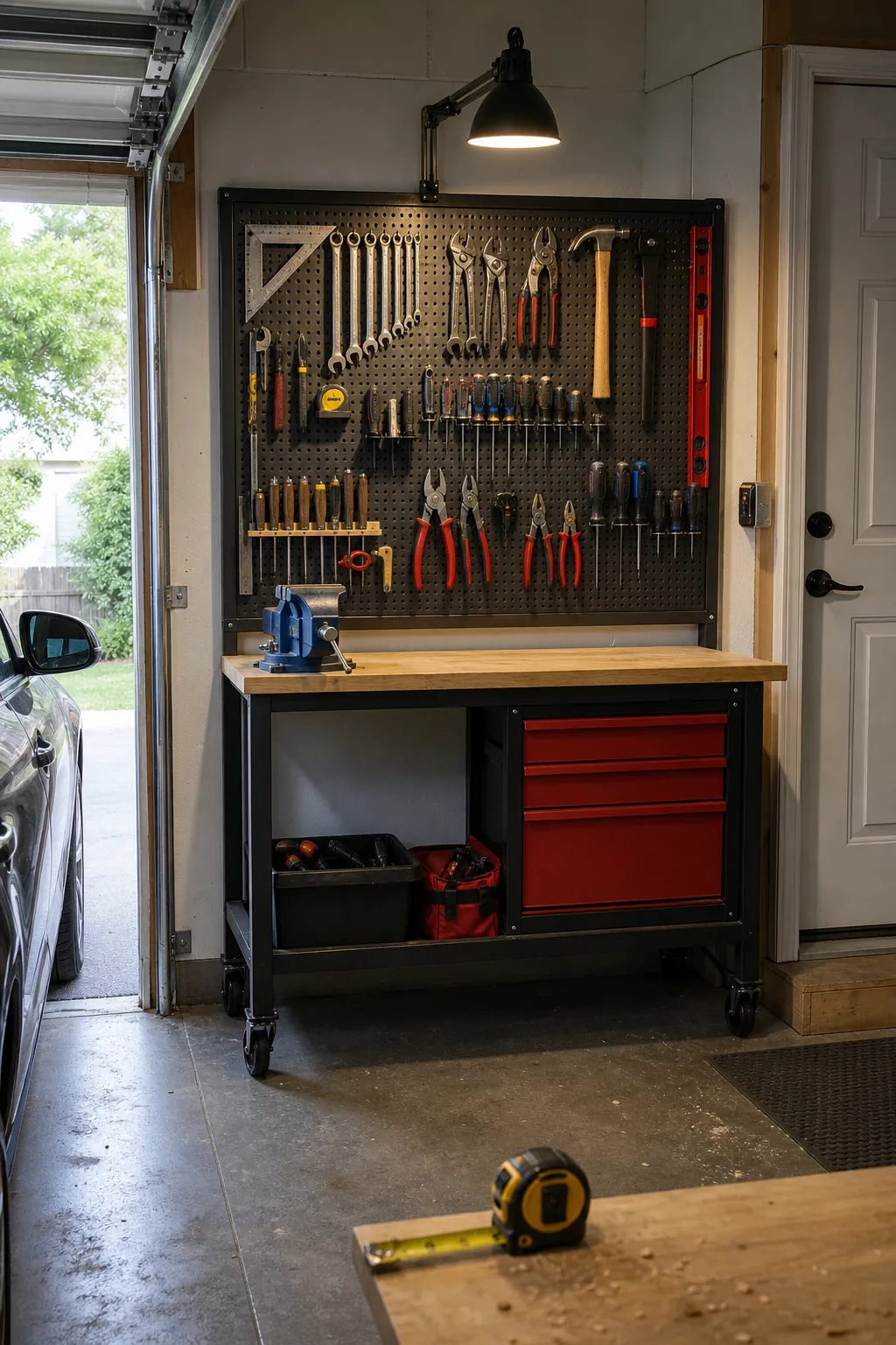 Organized pegboard hand-tool station above a compact workbench