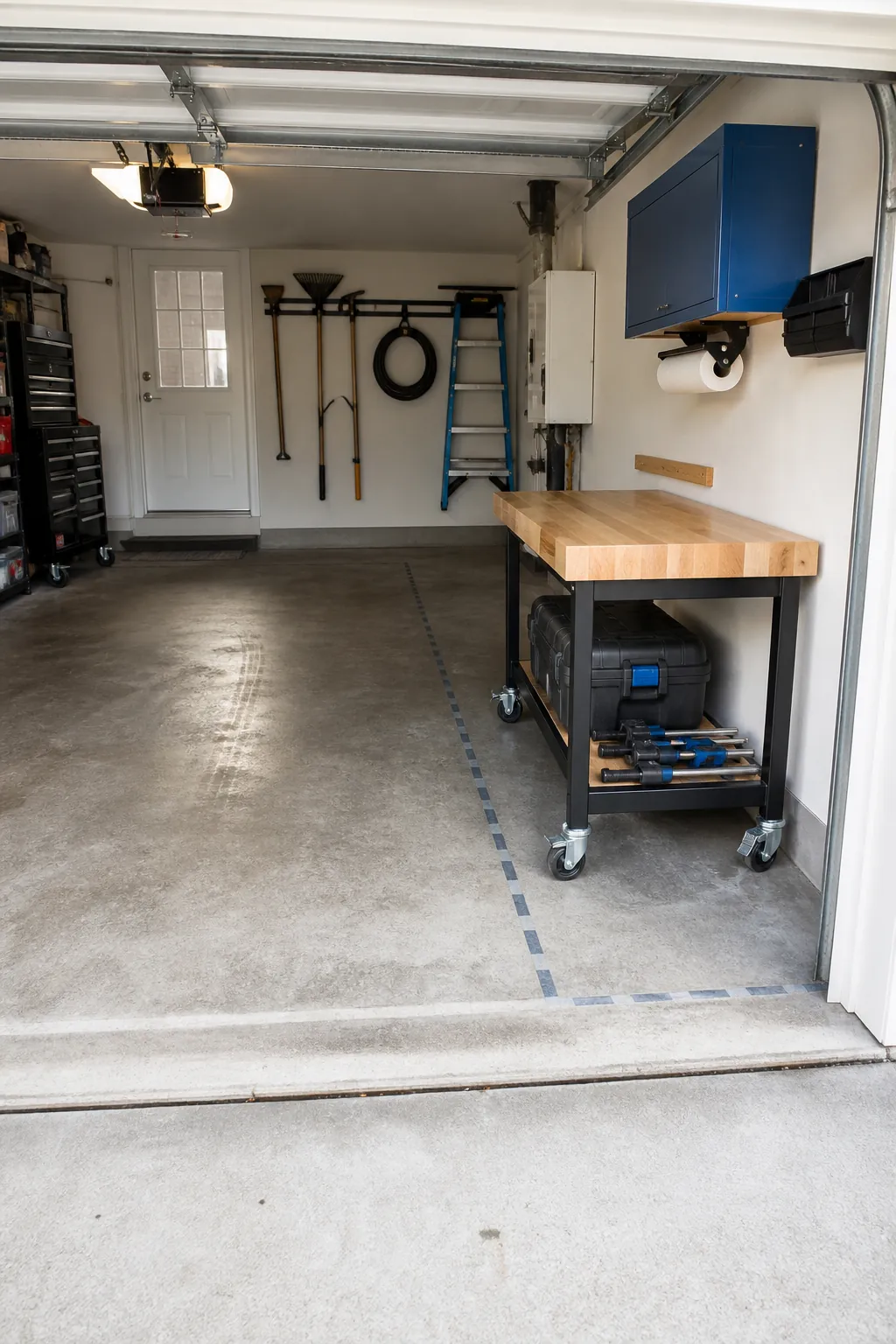 Compact mobile workbench parked against a small garage wall