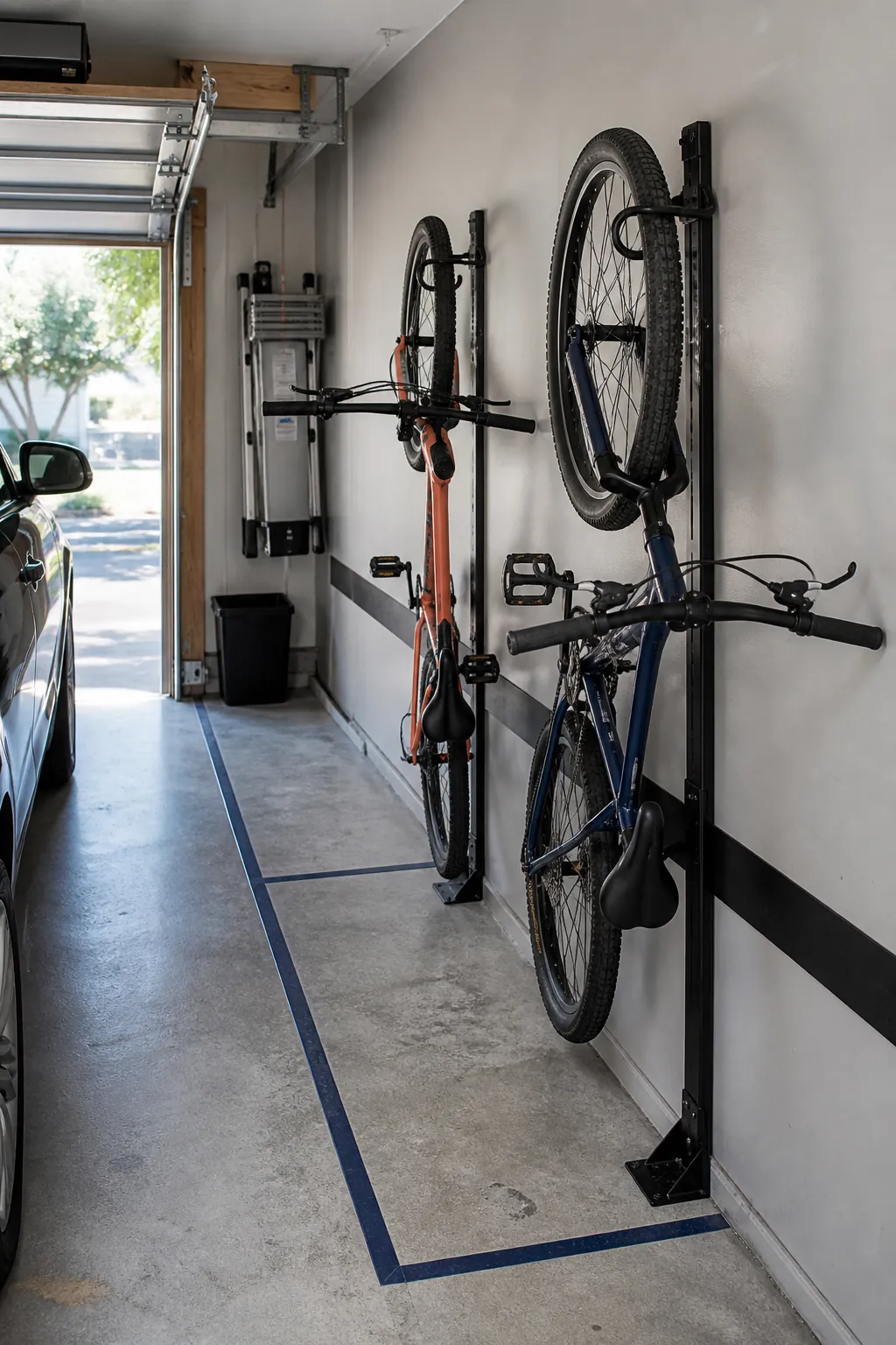 Two bicycles stored vertically in individual wall bays
