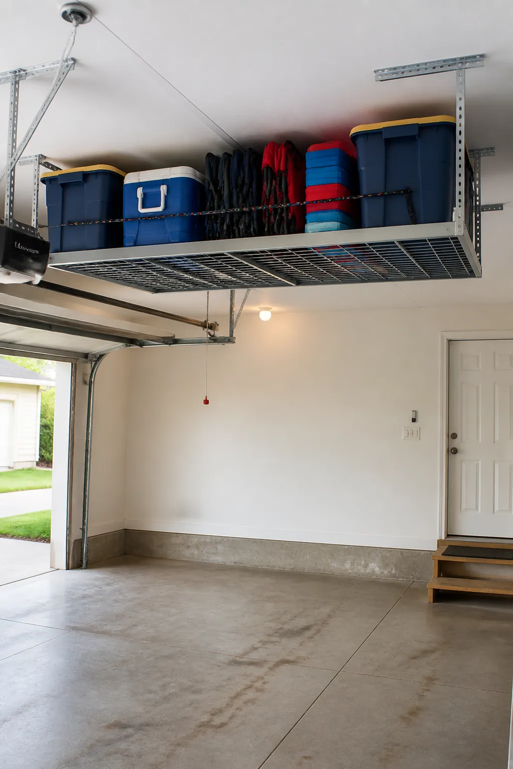 Rated overhead rack holding bulky seasonal gear in a garage