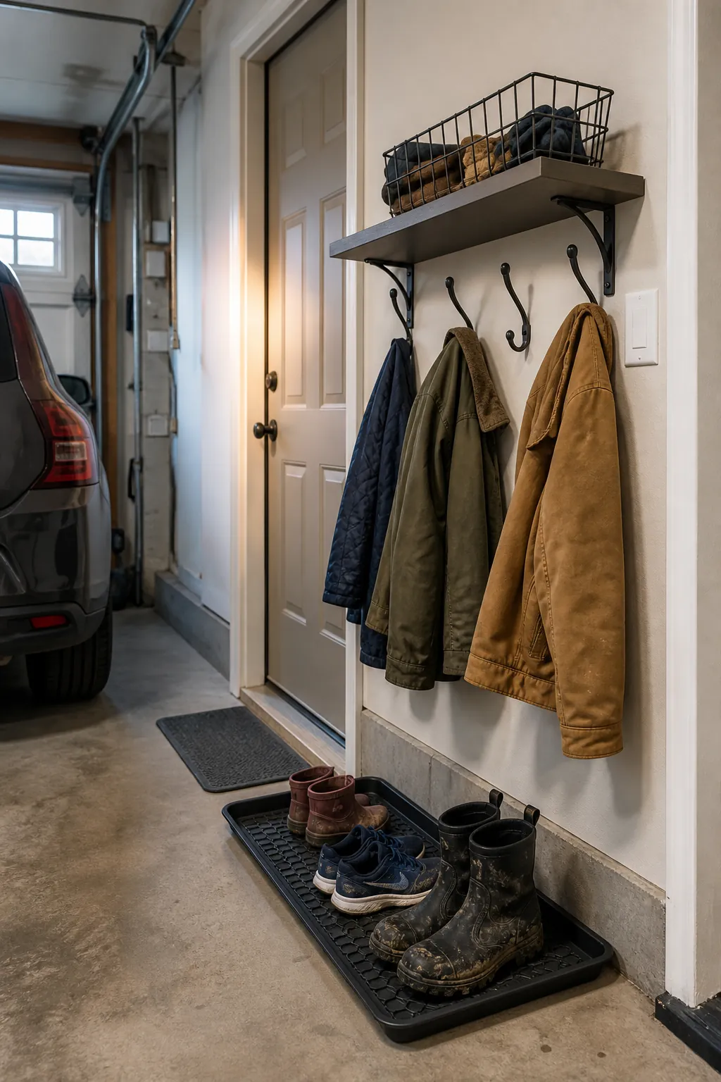 Compact drop zone with shoe tray and hooks by the garage entry