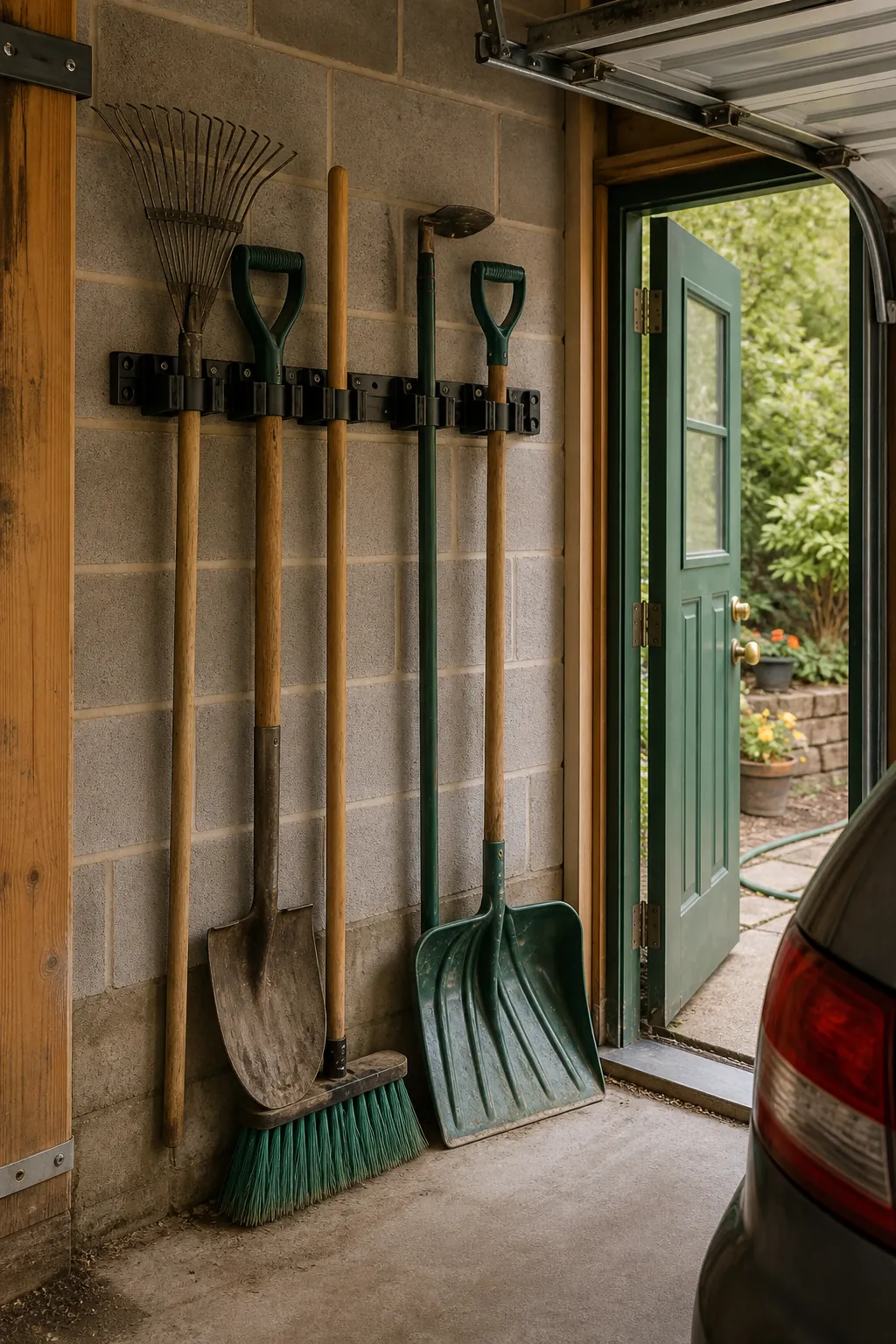 Long-handled garden tools secured upright on a garage wall rack