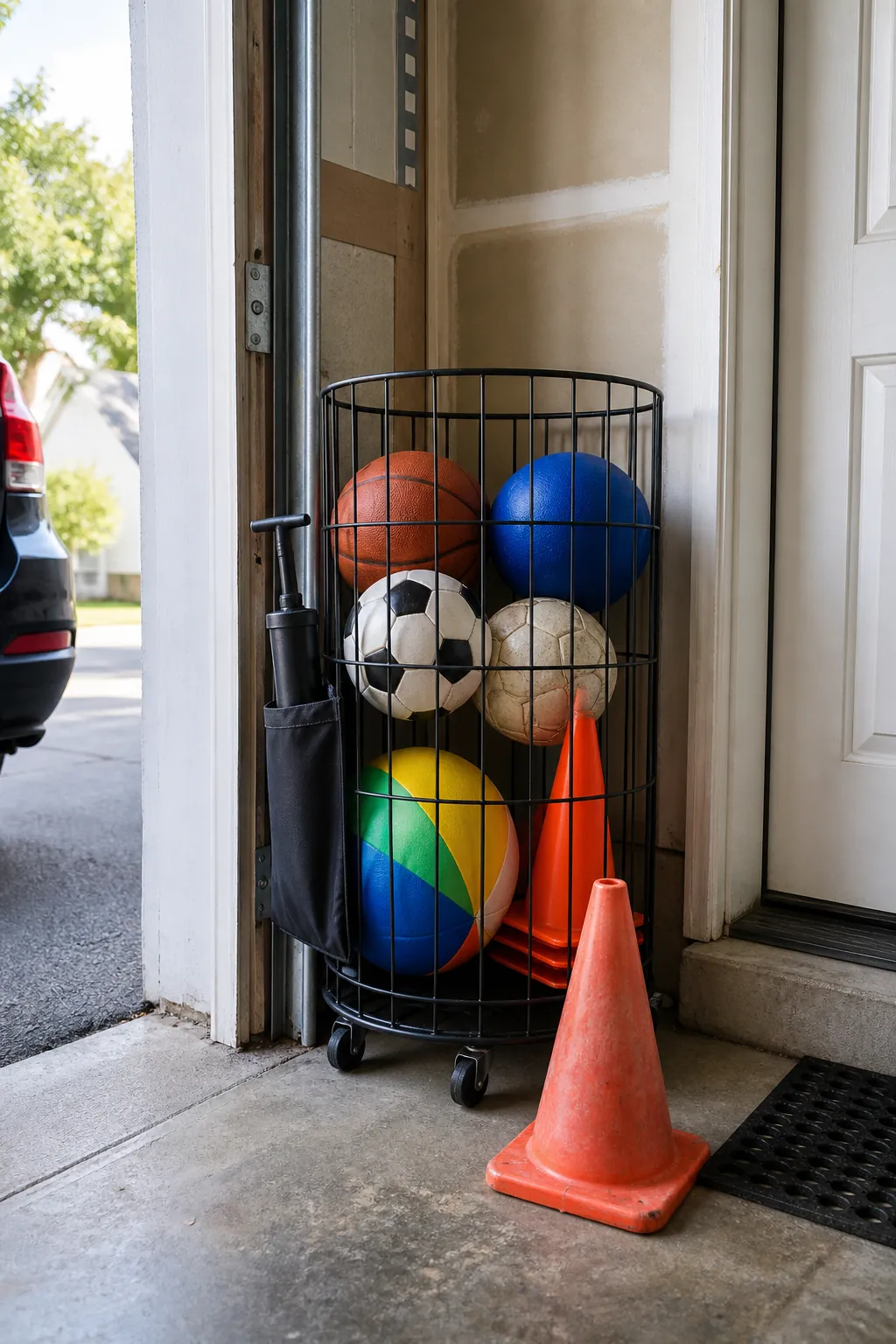 Ventilated bin organizing sports balls in a small garage