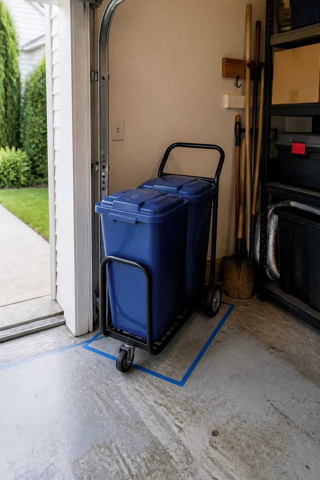 Compact pull-out recycling cart organized beside the garage door