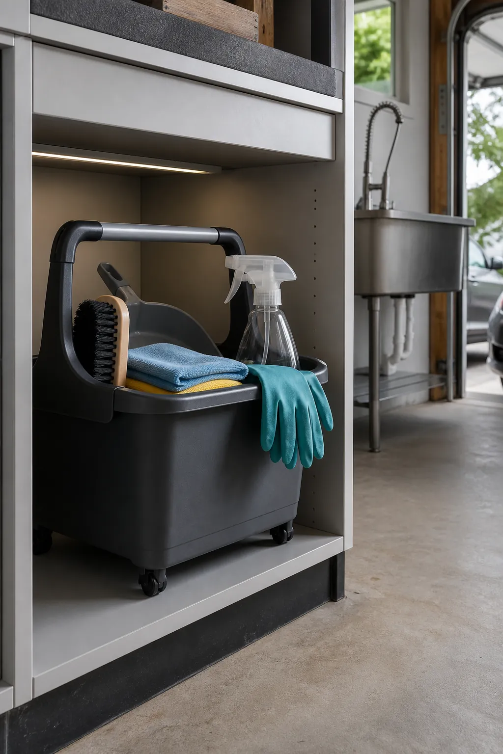 Single portable caddy organizing basic garage cleaning supplies