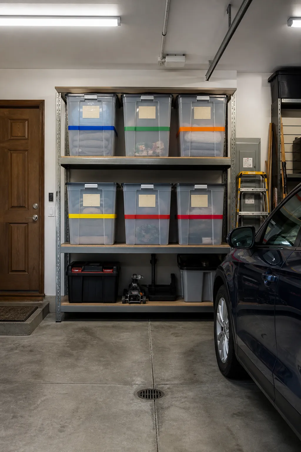 Color-coded seasonal storage bins arranged on garage shelving