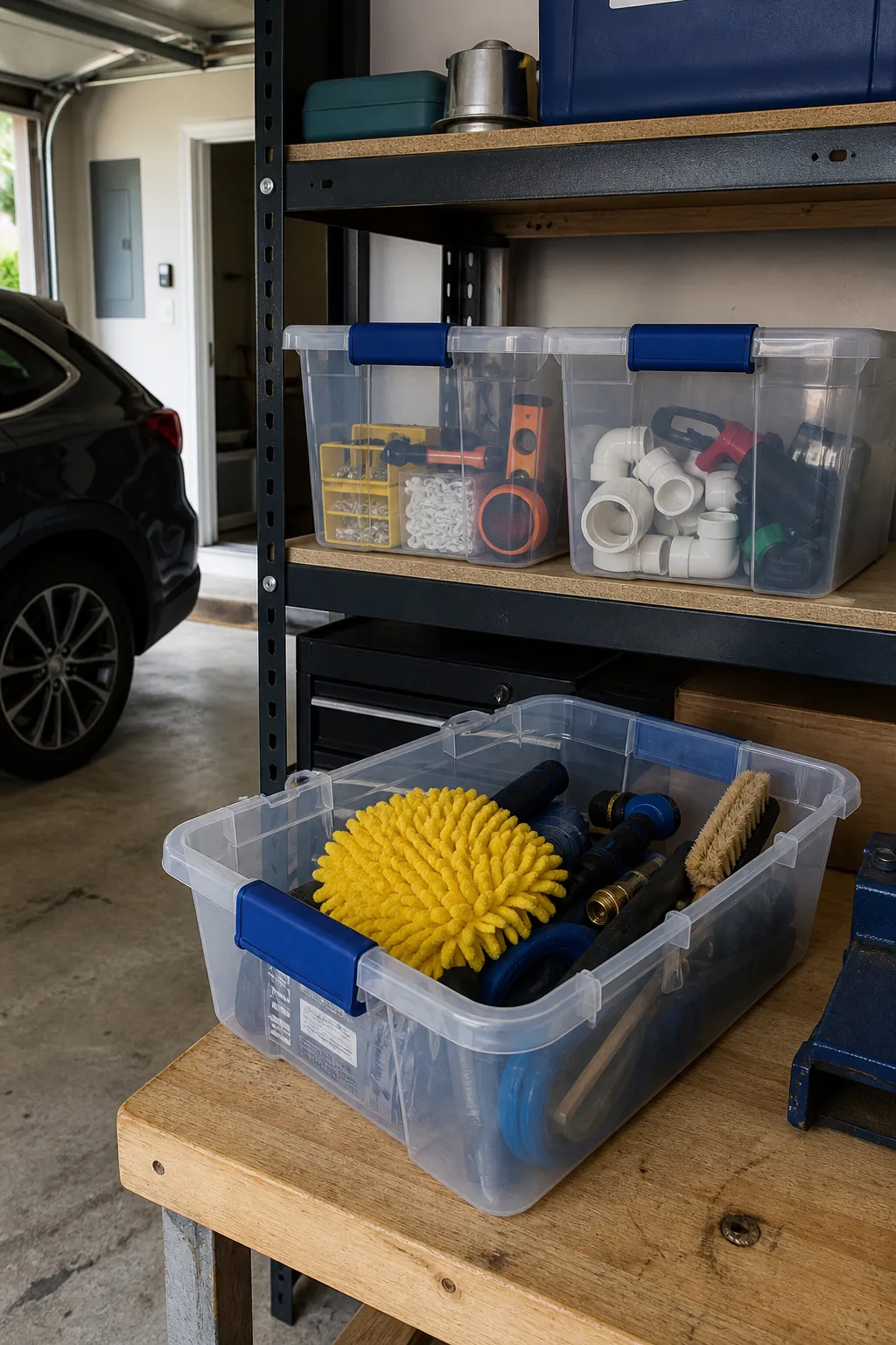 Clear latching bins grouping complete garage project supplies