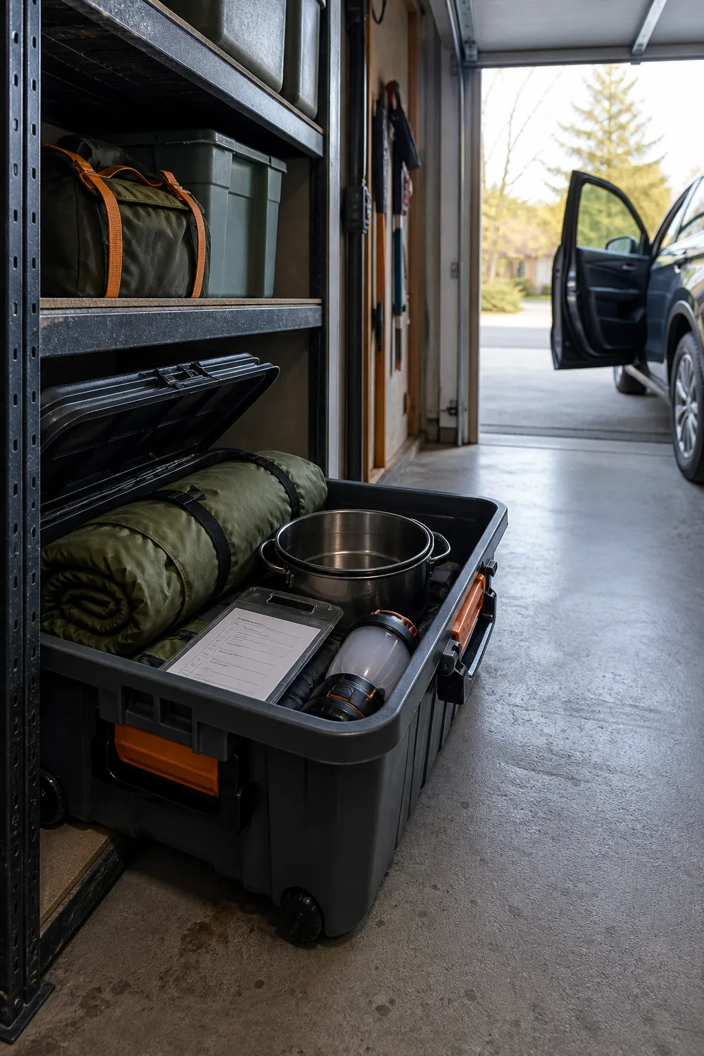 Organized camping tote stored on a low garage shelf