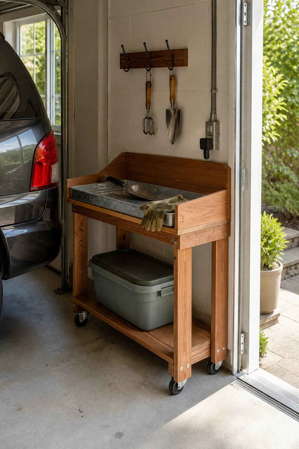 Compact garden station with hand tools and potting supplies