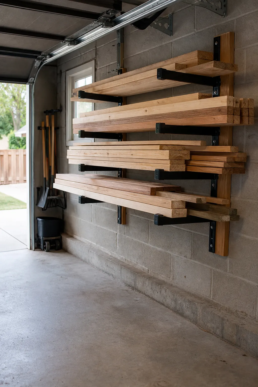 Short lumber stored horizontally on a rated garage wall rack