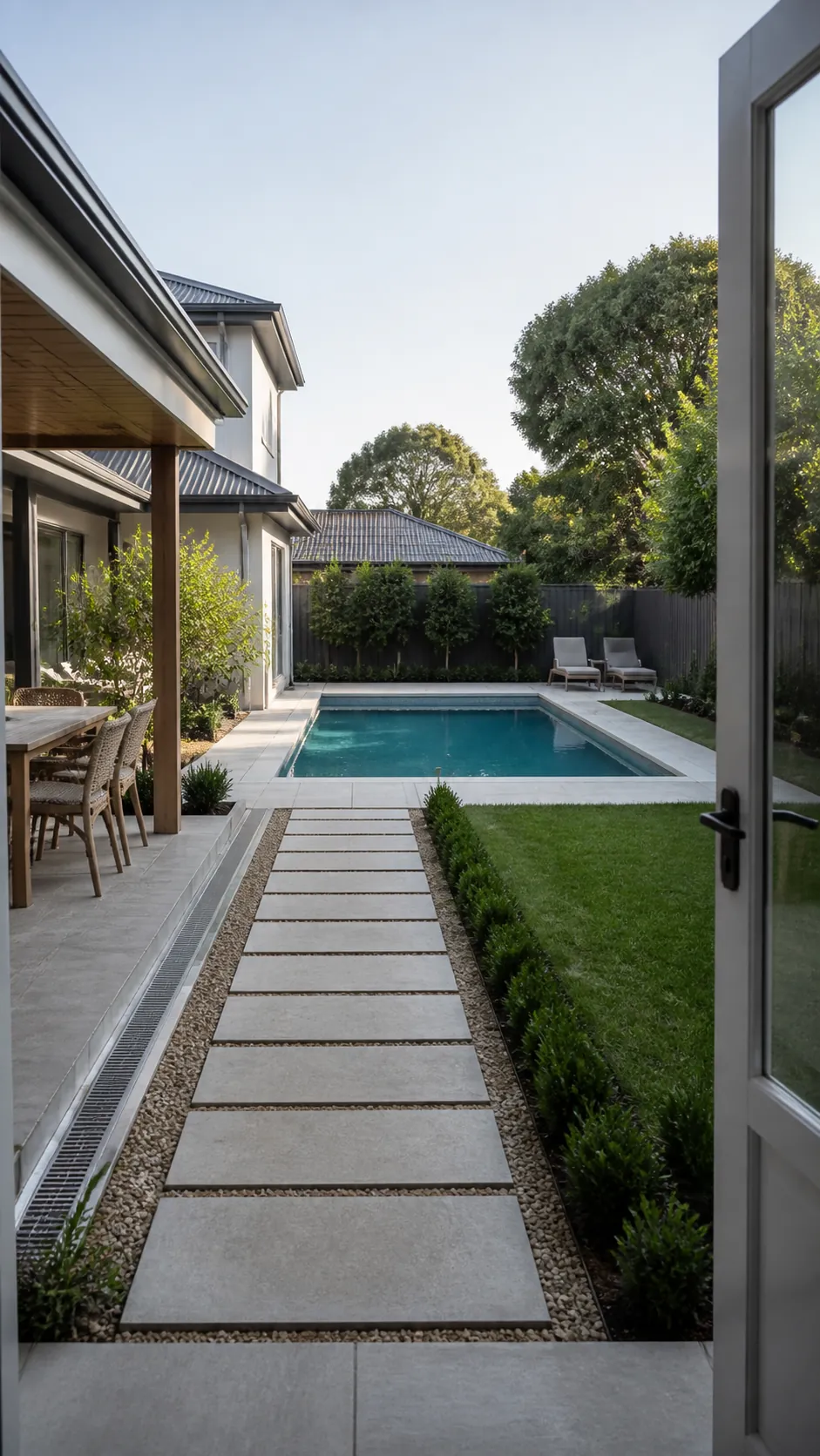 Functional backyard pool layout connecting house, lounge, dining, lawn, and garden