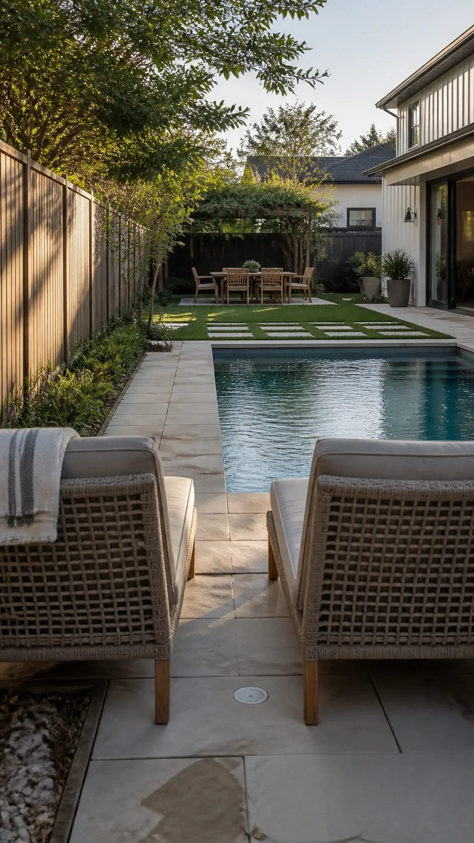 Backyard pool loungers facing across the pool toward the whole yard