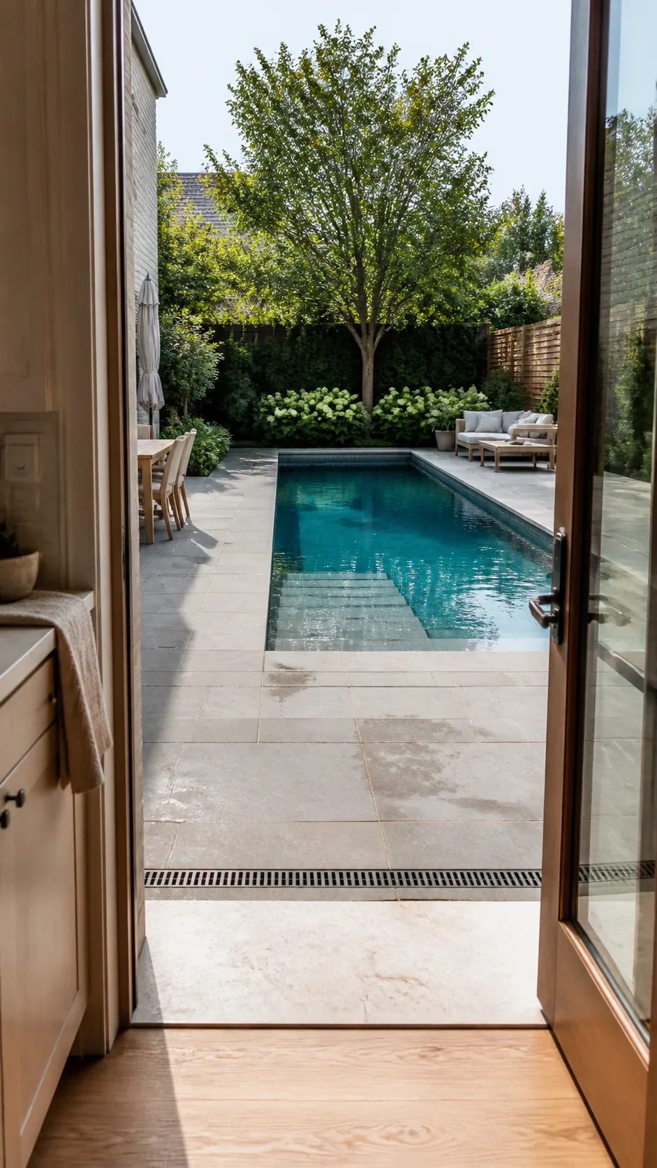 Backyard pool layout aligned with the main back door and a clear route