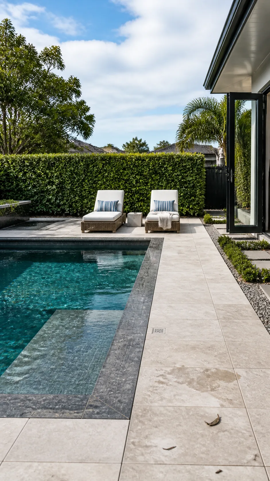 Pool layout with a wide deck sized for loungers and clear circulation
