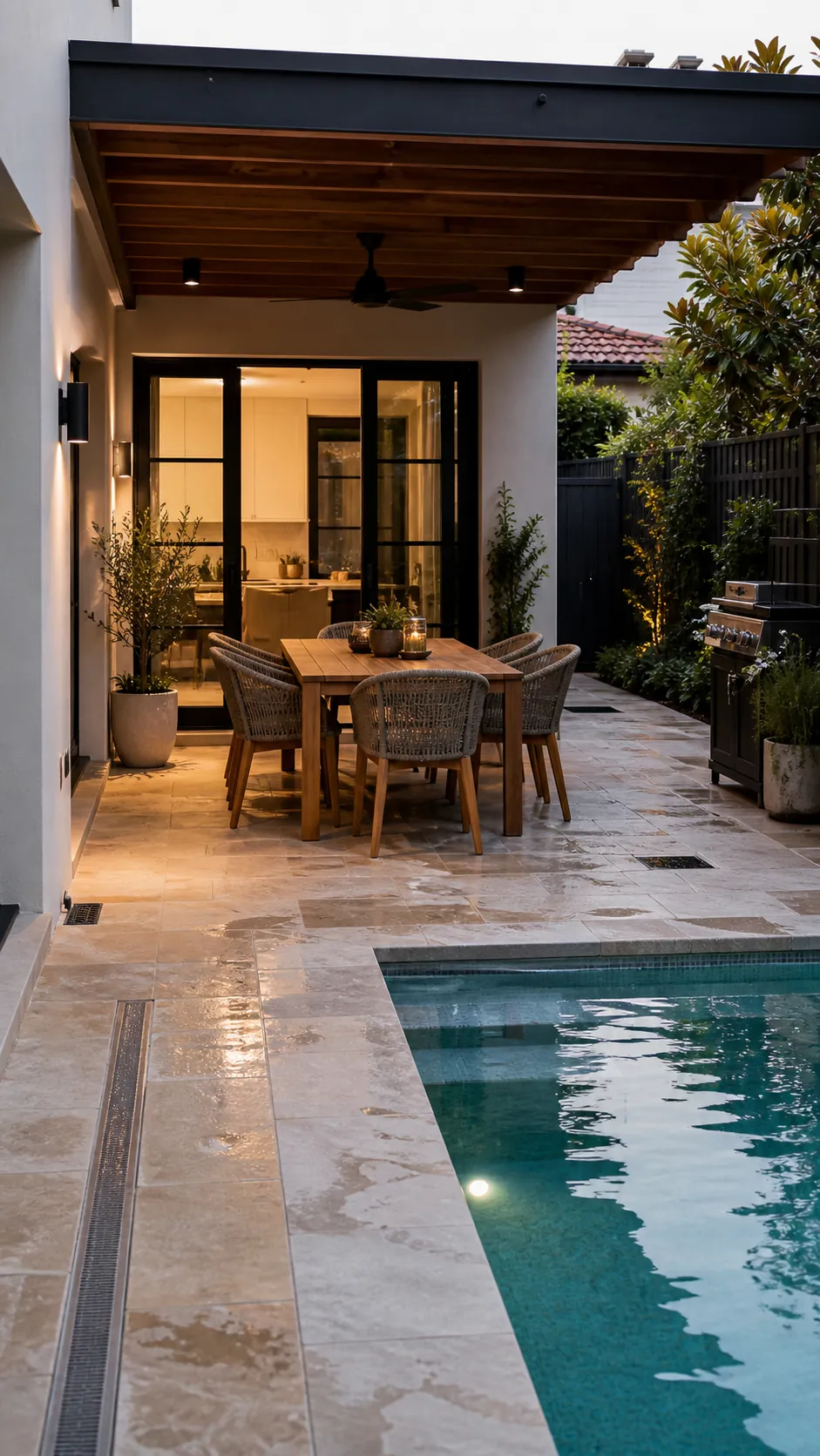 Pool layout with outdoor dining positioned close to the kitchen