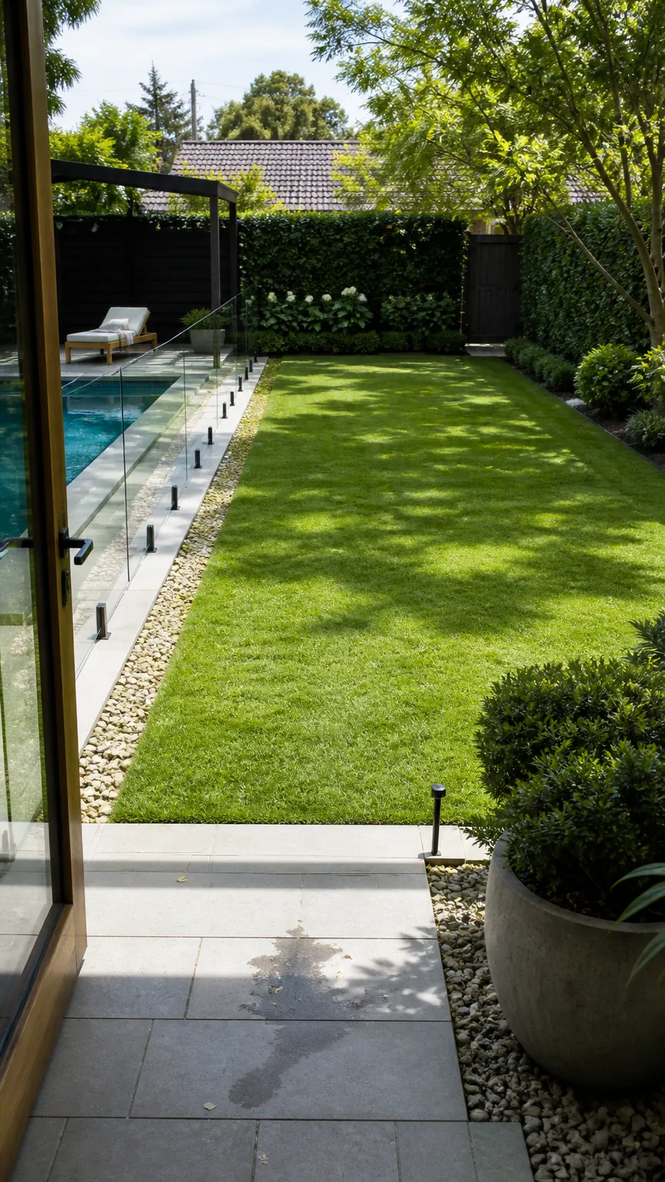 Pool placed to preserve a large flexible lawn zone