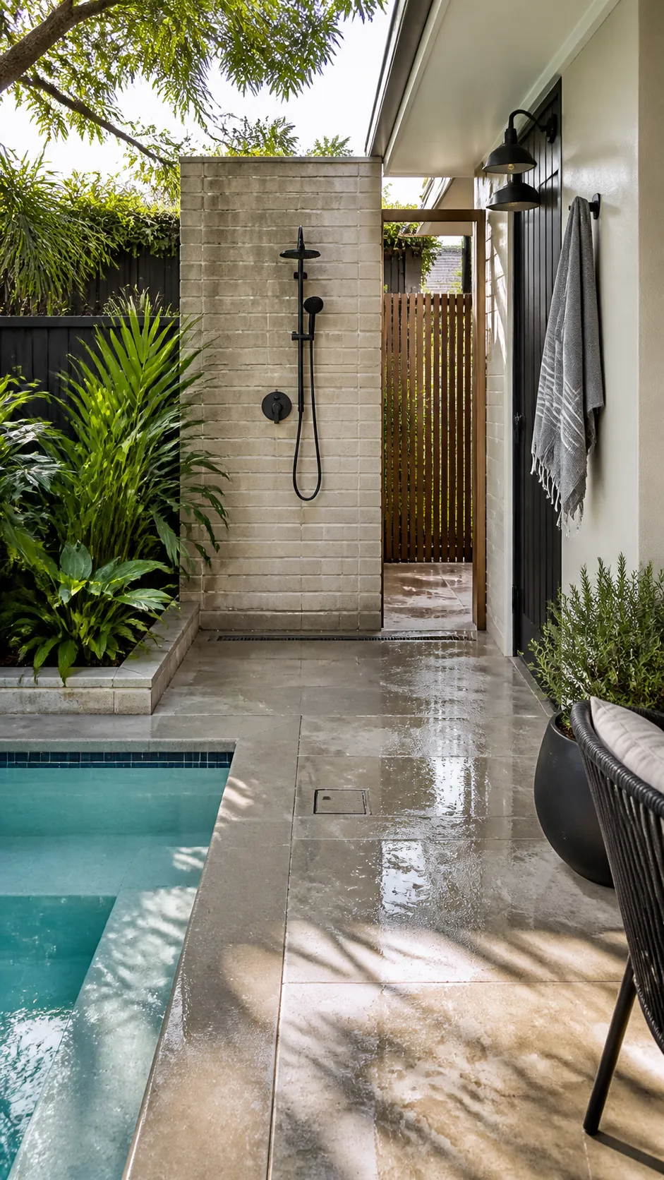 Pool layout with an outdoor shower positioned on the wet route