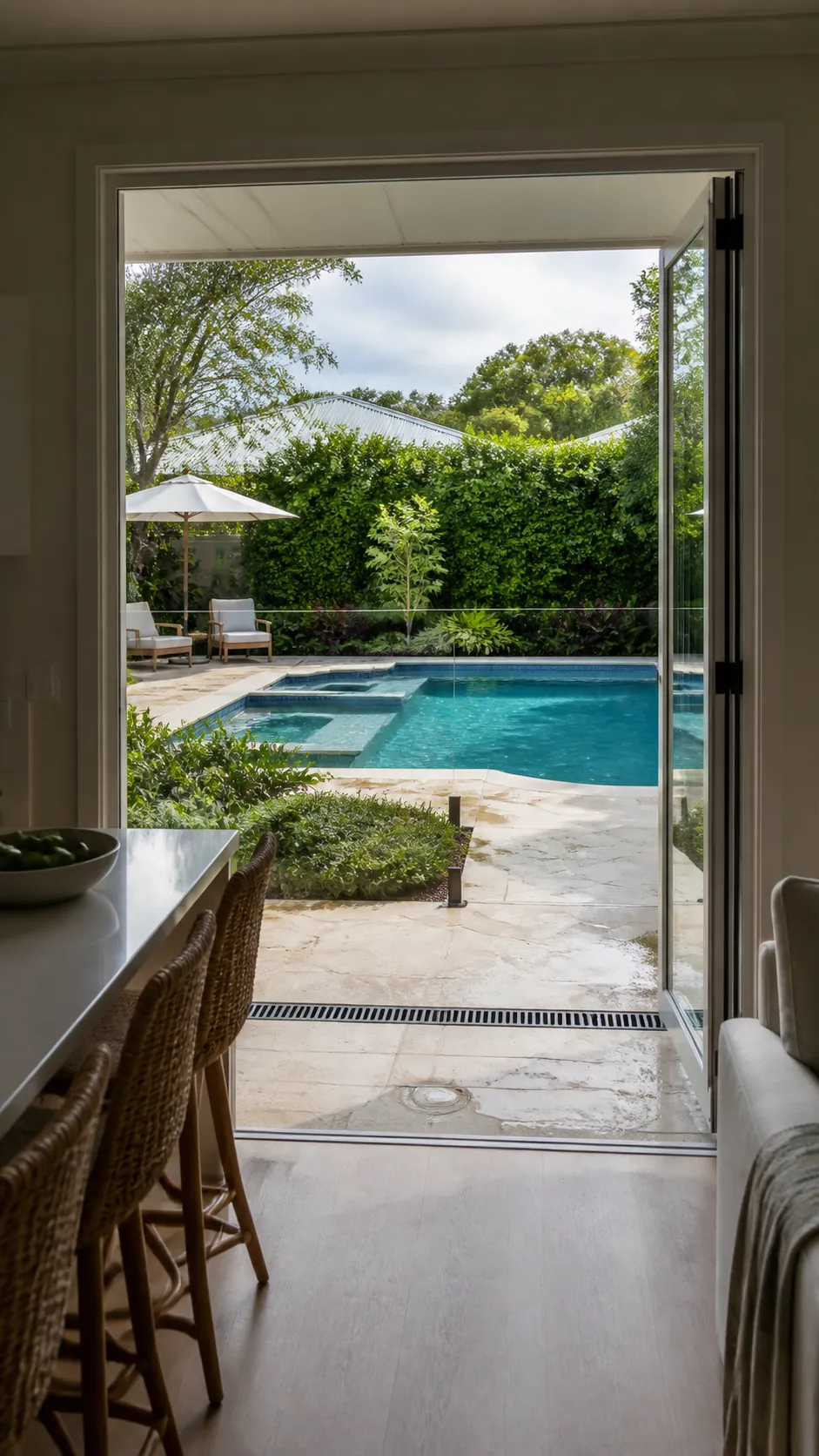 Backyard pool visible from kitchen and living room sightlines