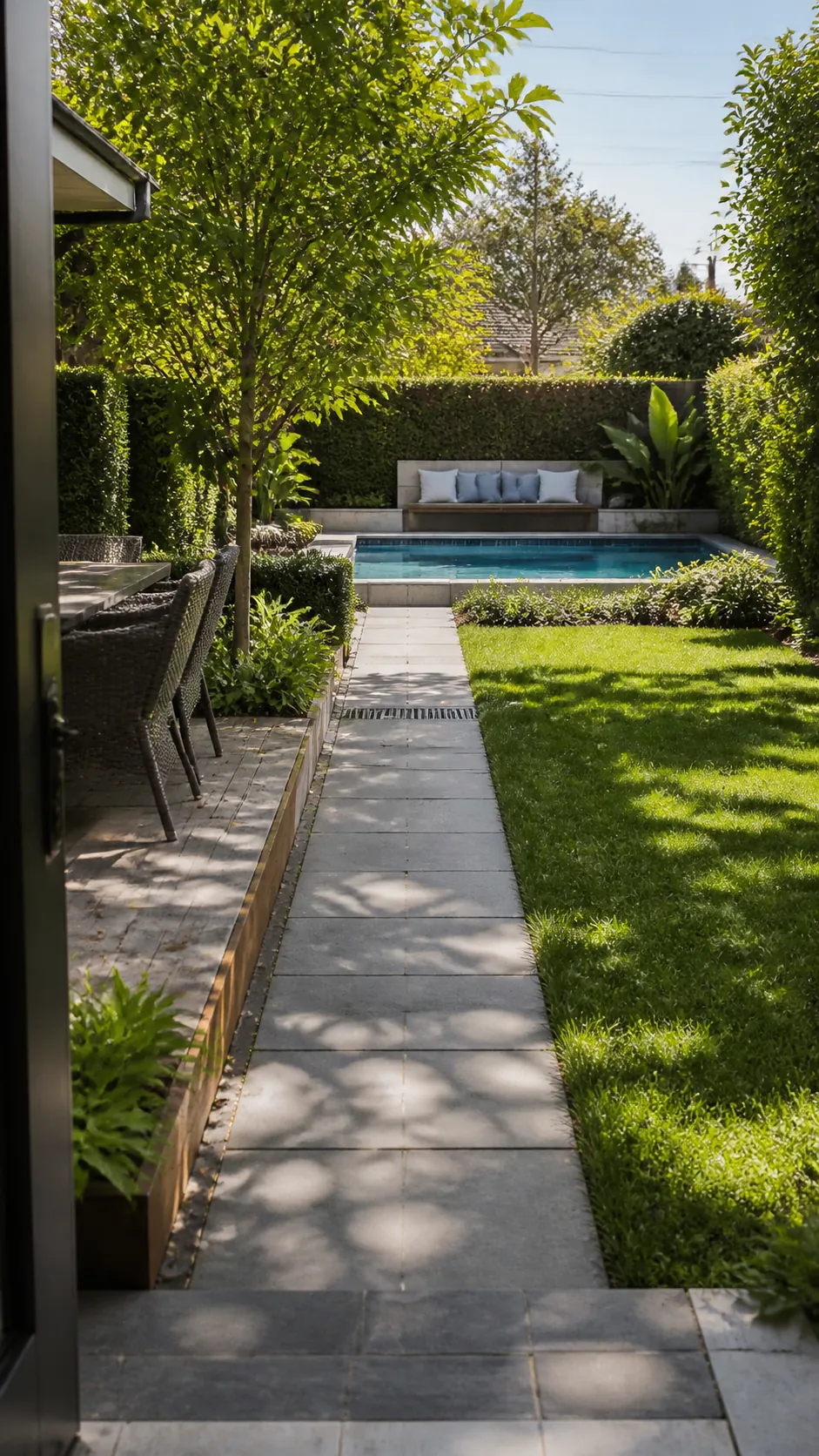 Compact pool placed in a sunny rear corner with a direct path