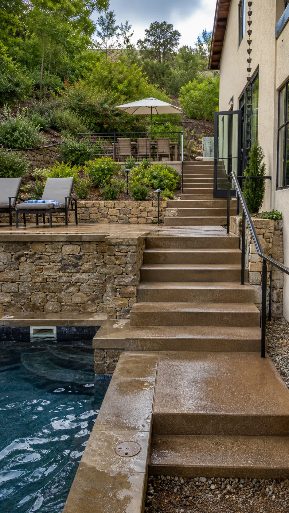 Sloping backyard pool layout organized into clear terraces